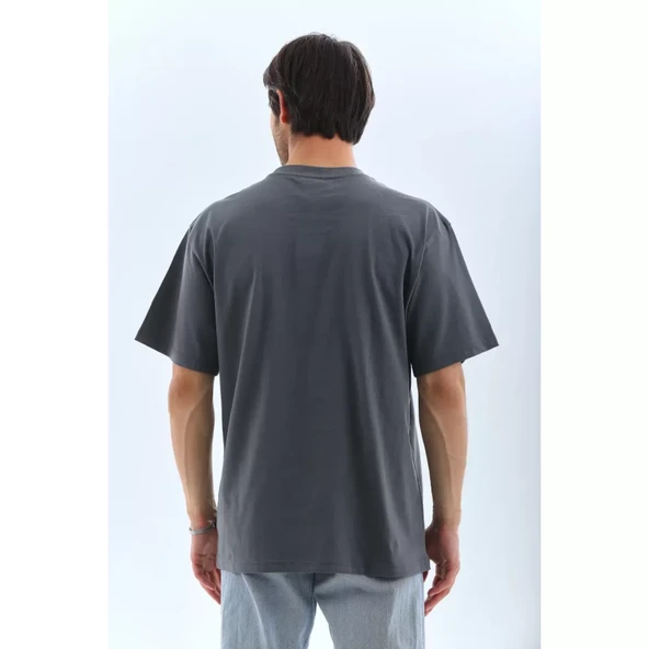 Unisex Oversize Taşlı Bisiklet Yaka T-Shirt - Füme - 5