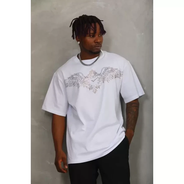 Unisex Oversize Taşlı Bisiklet Yaka T-Shirt - Beyaz - 2