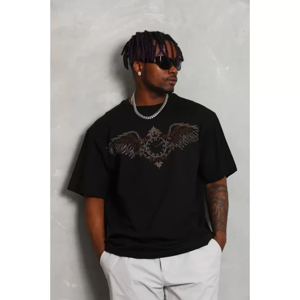 Unisex Oversize Taşlı Bisiklet Yaka T-Shirt - Siyah - 2