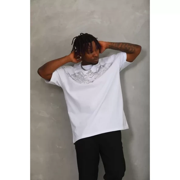 Unisex Oversize Taşlı Bisiklet Yaka T-Shirt - Beyaz - 5