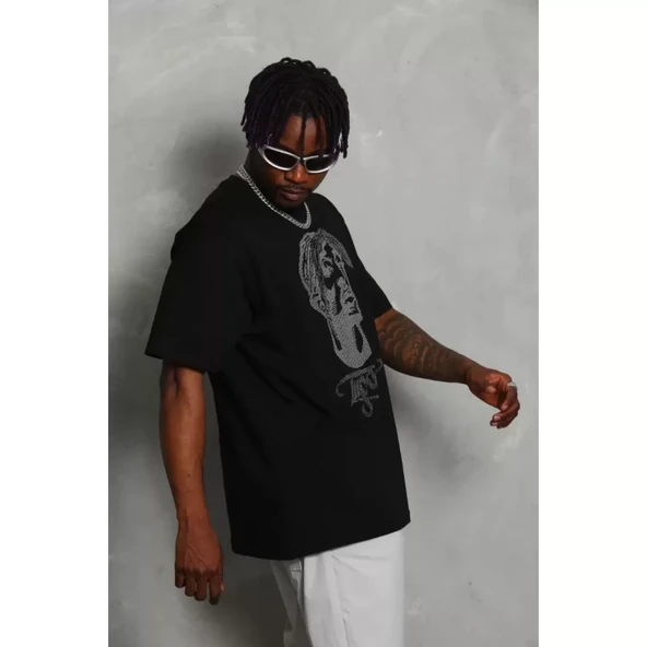 Unisex Oversize Taşlı Bisiklet Yaka T-Shirt - Siyah - 3