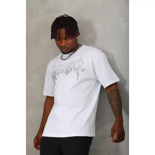 Unisex Oversize Taşlı Bisiklet Yaka T-Shirt - Beyaz - 4