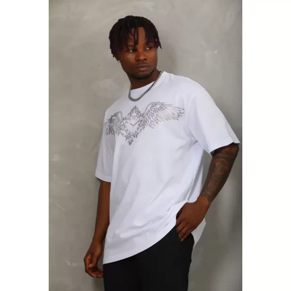 Unisex Oversize Taşlı Bisiklet Yaka T-Shirt - Beyaz - 7