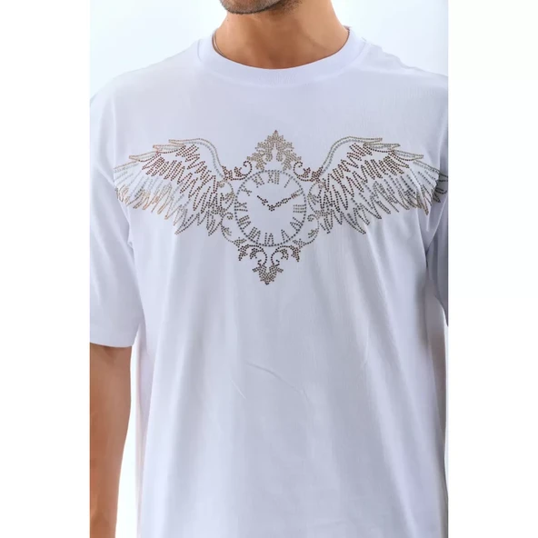 Unisex Oversize Taşlı Bisiklet Yaka T-Shirt - Beyaz - 2