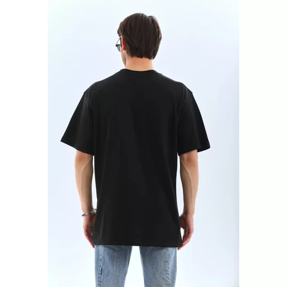 Unisex Oversize Taşlı Bisiklet Yaka T-Shirt - Siyah - 5