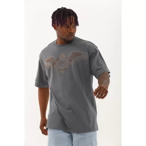 Unisex Oversize Taşlı Bisiklet Yaka T-Shirt - Füme - 2