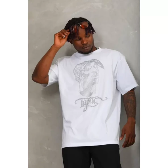 Unisex Oversize Taşlı Bisiklet Yaka T-Shirt - Beyaz - 4