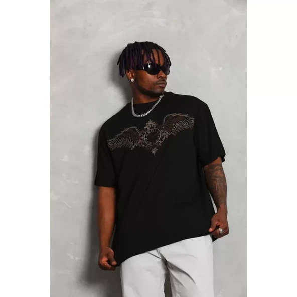 Unisex Oversize Taşlı Bisiklet Yaka T-Shirt - Siyah - 8