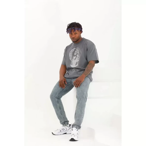 Unisex Oversize Taşlı Bisiklet Yaka T-Shirt - Füme - 4