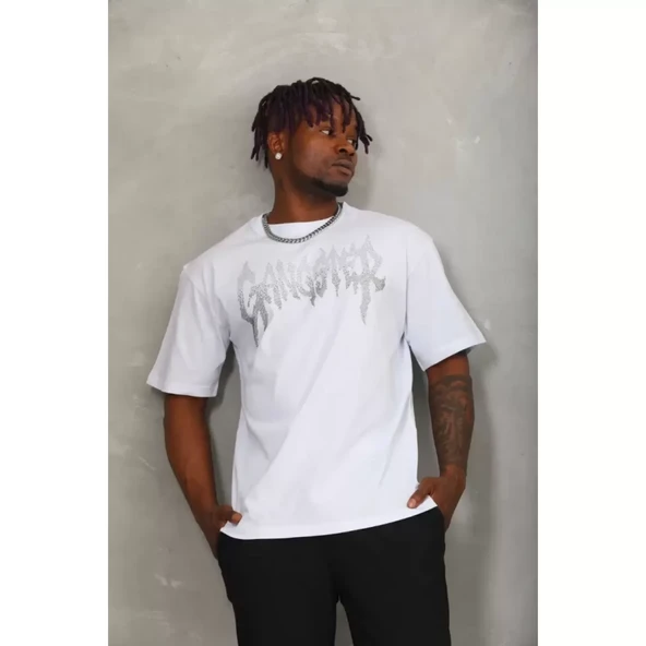 Unisex Oversize Taşlı Bisiklet Yaka T-Shirt - Beyaz - 2