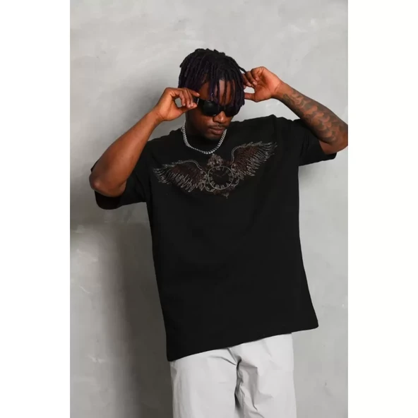 Unisex Oversize Taşlı Bisiklet Yaka T-Shirt - Siyah - 3