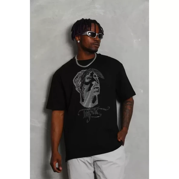 Unisex Oversize Taşlı Bisiklet Yaka T-Shirt - Siyah - 8