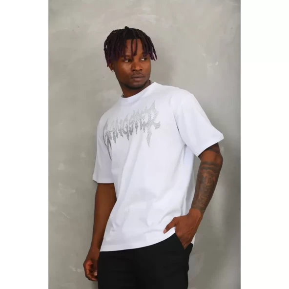 Unisex Oversize Taşlı Bisiklet Yaka T-Shirt - Beyaz - 3