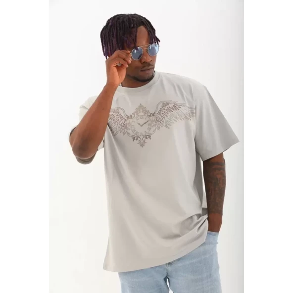 Unisex Oversize Taşlı Bisiklet Yaka T-Shirt - Gri - 2