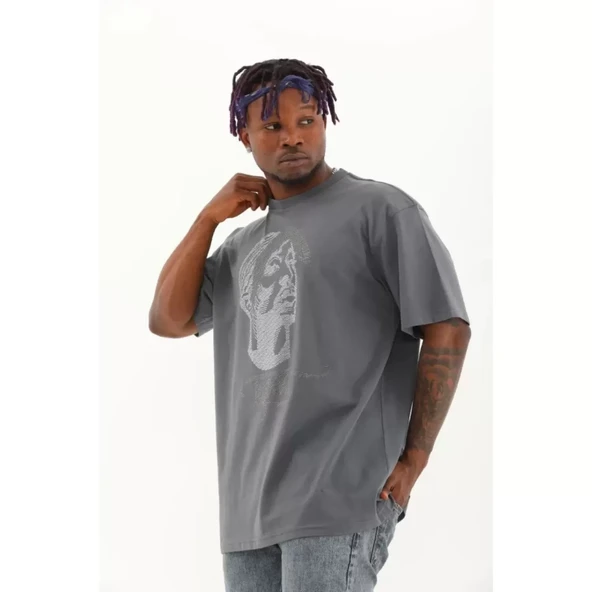 Unisex Oversize Taşlı Bisiklet Yaka T-Shirt - Füme - 2