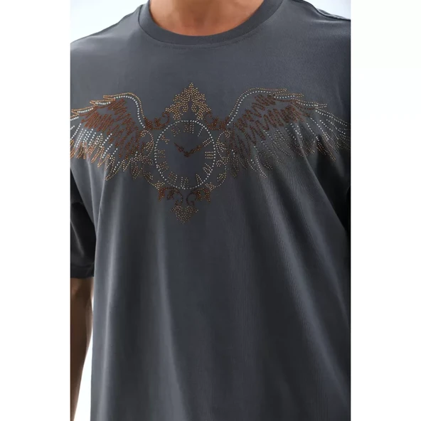 Unisex Oversize Taşlı Bisiklet Yaka T-Shirt - Füme - 6