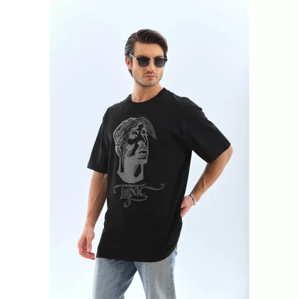 Unisex Oversize Taşlı Bisiklet Yaka T-Shirt - Siyah - 2