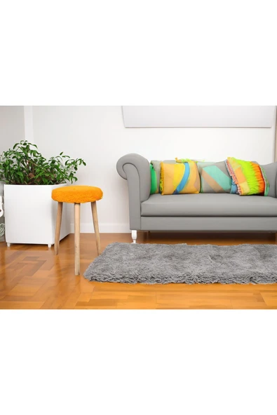 DEKOR MOBİLYACIM Tabure turuncu renk 3 ayaklı ham ayak tabure oturak Gürgen Ahşap Retro Ayak Dekoratif Beyaz Pelüş