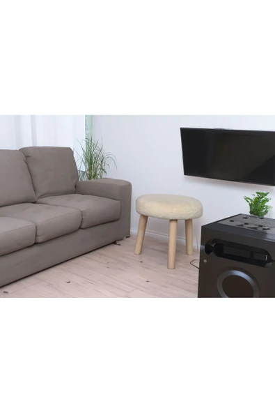 DEKOR MOBİLYACIM çocuk krem renk tabure Gürgen Ahşap Retro Ayak Dekoratif Beyaz Pelüş