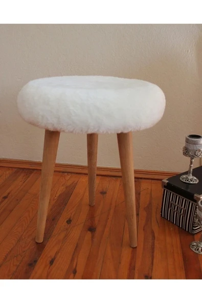 DEKOR MOBİLYACIM Gürgen Ahşap Retro Ayak Dekoratif Beyaz Pelüş Puf Tabure Bench Koltuk Sandalye Beyaz Peluş Puf Bench - 2