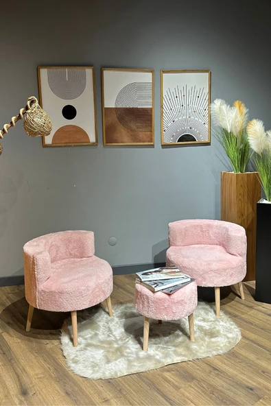 DEKOR MOBİLYACIM Elegant Comfort Pamuk Şeker Pembesi Çay Seti Ve Peluş Ikili Berjer & Puf Takımı - 3'lü Set - 2