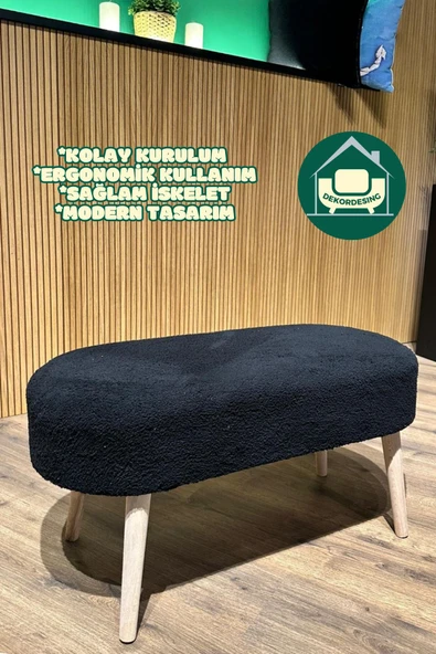 DEKOR MOBİLYACIM KOPYA - Paris Retro Ahşap Ayaklı Geniş Oturum Alanlı Oval Bench Puf Siyah - 2