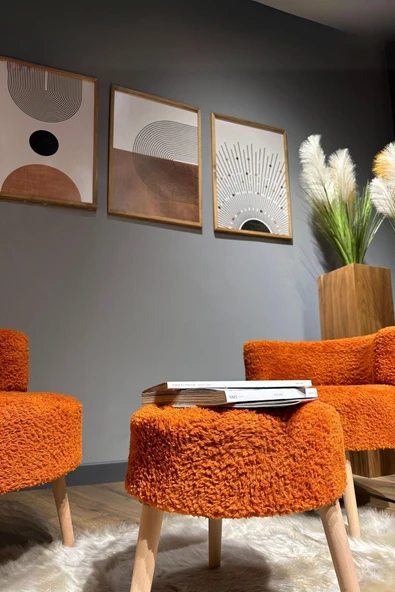 DEKOR MOBİLYACIM Elegant Comfort Tarçın Rengi Çay Seti Ve Peluş Ikili Berjer & Puf Takımı - 3'lü Set - 3