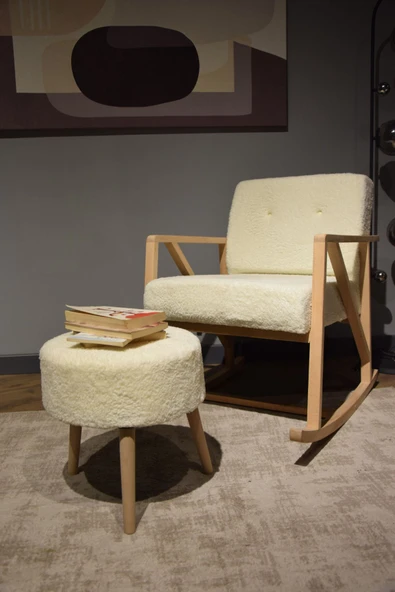 DEKOR MOBİLYACIM Roma Sallanan Ahşap Ayaklı Krem Rengi Berjer Koltuk - 2