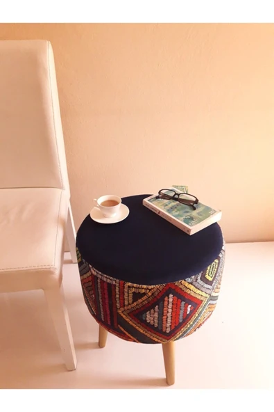 DEKOR MOBİLYACIM Gürgen Retro Ahşap Ayaklı Dekoratif Etnik Üst Lacivert Desenli Silindir Puf Bench Koltuk Sandalye - 5