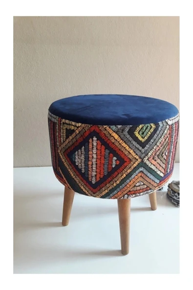 DEKOR MOBİLYACIM Retro Gürgen Ahşap Ayaklı Dekoratif Etnik Üst Lacivert Desenli Silindir Puf Bench
