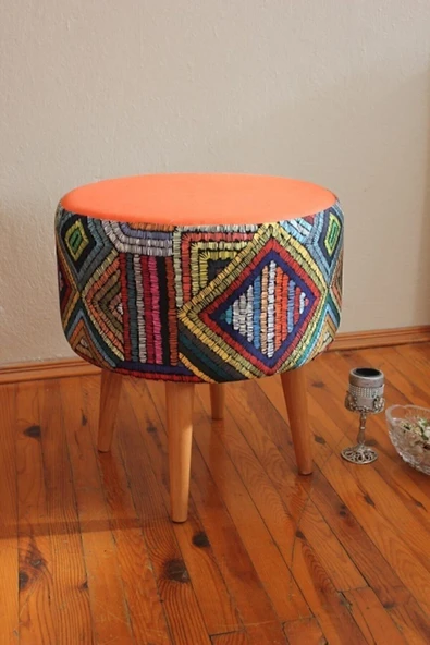DEKOR MOBİLYACIM Retro Gürgen Ahşap Ayaklı Dekoratif Etnik Üst Kiremit Desenli Silindir Puf Bench - 2