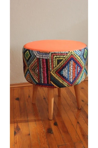 DEKOR MOBİLYACIM dekor mobilyacım Retro Gürgen Ahşap Ayaklı Dekoratif Etnik Üst Kiremit Desenli Silindir Puf Bench