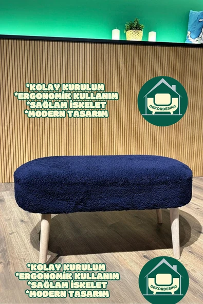 DEKOR MOBİLYACIM KOPYA - Paris Retro Ahşap Ayaklı Geniş Oturum Alanlı Oval Bench Puf Lacivert ürün görseli