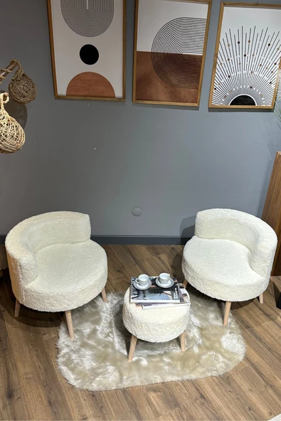DEKOR MOBİLYACIM Elegant Comfort Çay Seti Ve Peluş Ikili Berjer & Puf Takımı - 3'lü Set - 2
