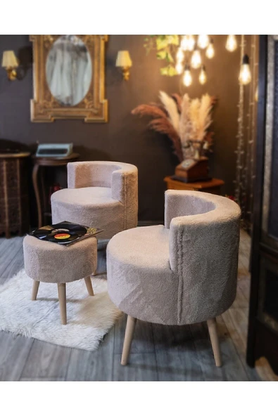 DEKOR MOBİLYACIM CAPPUCCİNO Çay Seti Ikili Koltuk Berjer Ve Puf Takımı 3 Lü Takım - 3