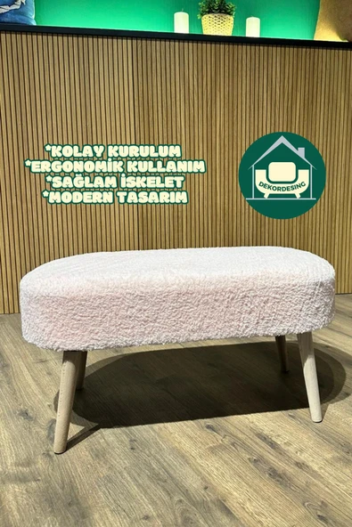DEKOR MOBİLYACIM Paris Retro Ahşap Ayaklı Geniş Oturum Alanlı Oval Bench Puf Pembe - 2