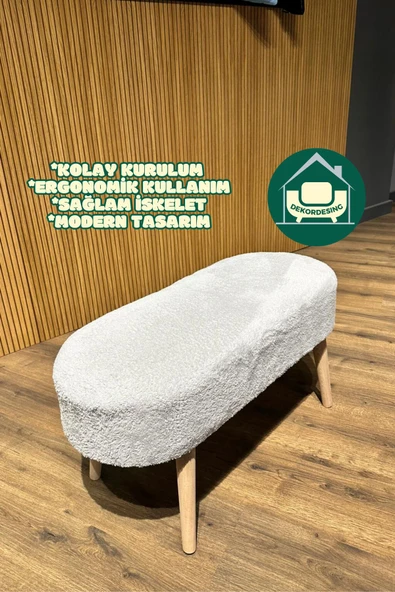 DEKOR MOBİLYACIM Paris Retro Ahşap Ayaklı Geniş Oturum Alanlı Oval Bench Puf Gri - 2