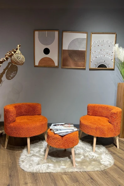 DEKOR MOBİLYACIM Elegant Comfort Tarçın Rengi Çay Seti Ve Peluş Ikili Berjer & Puf Takımı - 3'lü Set