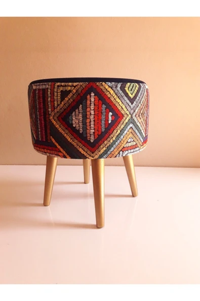 DEKOR MOBİLYACIM Gürgen Retro Ahşap Ayaklı Dekoratif Etnik Üst Lacivert Desenli Silindir Puf Bench Koltuk Sandalye - 4