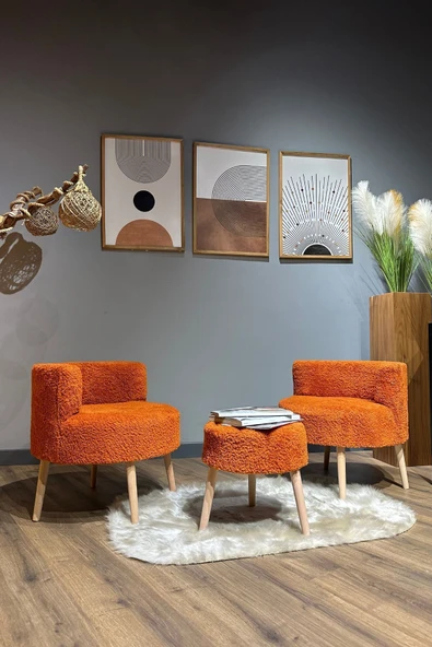 DEKOR MOBİLYACIM Elegant Comfort Tarçın Rengi Çay Seti Ve Peluş Ikili Berjer & Puf Takımı - 3'lü Set - 2