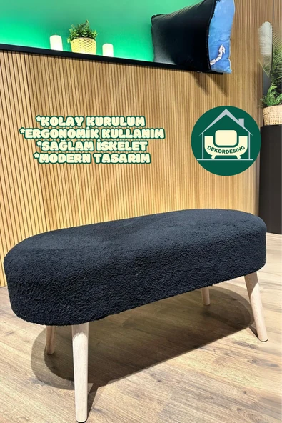DEKOR MOBİLYACIM KOPYA - Paris Retro Ahşap Ayaklı Geniş Oturum Alanlı Oval Bench Puf Siyah