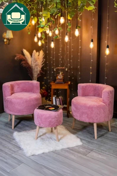 DEKOR MOBİLYACIM Pamuk Şekeri Rengi Çay Köşesi Seti: Iki Adet Berjer Ve Puf 3'lü Set Takım