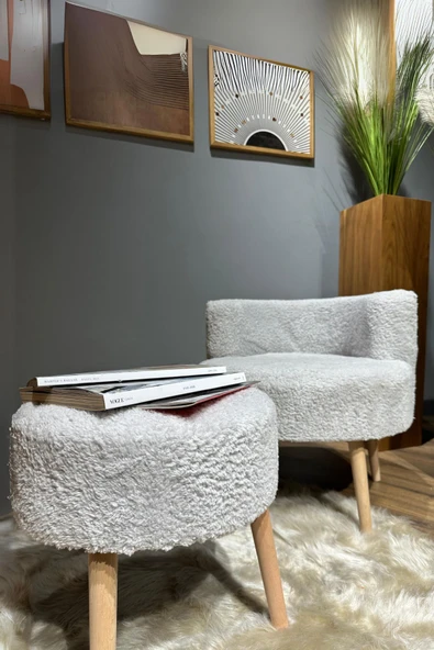 DEKOR MOBİLYACIM Berlin Çay Seti Kül Gri Rengi Berjer ve Puf Takımı (Salon, Ofis, Balkon) - 2'li Takım - 3