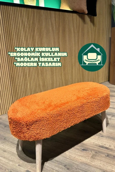 DEKOR MOBİLYACIM KOPYA - Paris Retro Ahşap Ayaklı Geniş Oturum Alanlı Oval Bench Puf Kiremit - 2