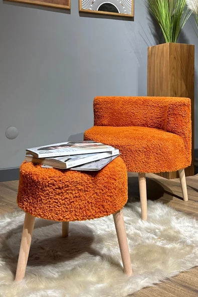 DEKOR MOBİLYACIM Berlin Çay Seti Kiremit Rengi Berjer ve Puf Takımı (Salon, Ofis, Balkon) - 2'li Takım - 3