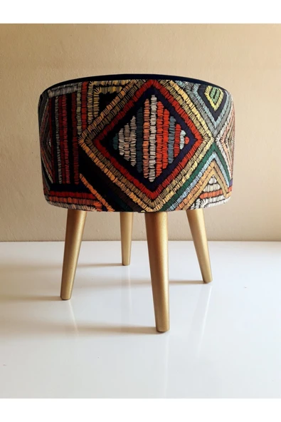 DEKOR MOBİLYACIM Gürgen Retro Ahşap Ayaklı Dekoratif Etnik Üst Lacivert Desenli Silindir Puf Bench Koltuk Sandalye - 3