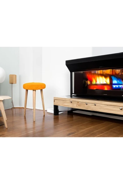 DEKOR MOBİLYACIM Tabure turuncu renk 3 ayaklı ham ayak tabure oturak Gürgen Ahşap Retro Ayak Dekoratif Beyaz Pelüş - 2