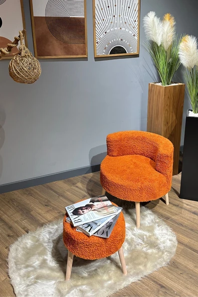 DEKOR MOBİLYACIM Berlin Çay Seti Kiremit Rengi Berjer ve Puf Takımı (Salon, Ofis, Balkon) - 2'li Takım - 2