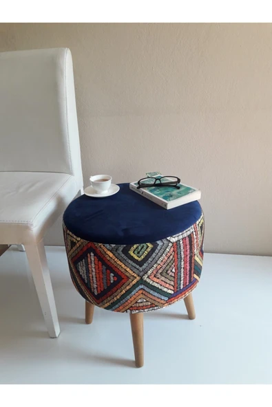 DEKOR MOBİLYACIM Gürgen Retro Ahşap Ayaklı Dekoratif Etnik Üst Lacivert Desenli Silindir Puf Bench Koltuk Sandalye - 6