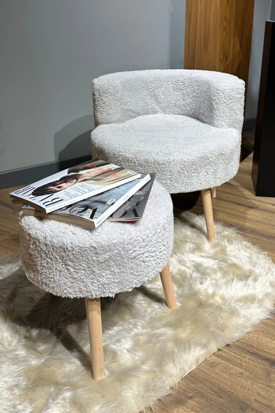 DEKOR MOBİLYACIM Berlin Çay Seti Kül Gri Rengi Berjer ve Puf Takımı (Salon, Ofis, Balkon) - 2'li Takım - 2